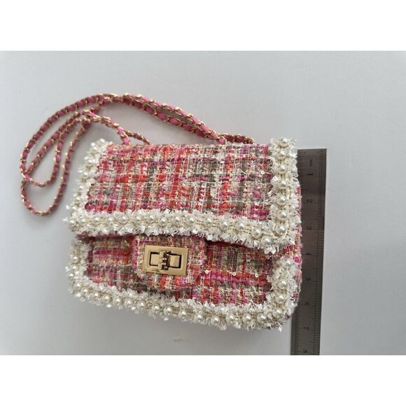 Women’s Chain‎ Pearl Pink Tweed Crossbody Bag Satchel Barbie Princess Coquette - Picture 2 of 13